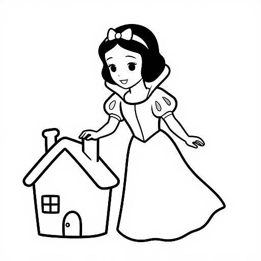Black and white cartoon drawing of a smiling young woman in a puffed-sleeve dress and bow, sitting on a simple house roof.