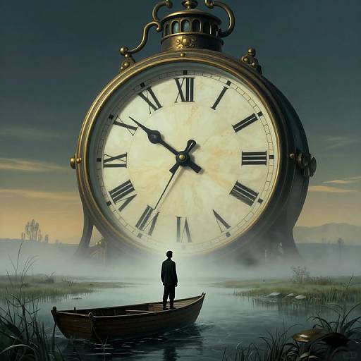 Digital art: Silhouetted person in small boat faces giant, glowing antique clock with Roman numerals, misty water, twilight sky.