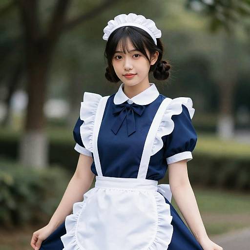 Photograph of an Asian woman with fair skin, black hair in buns, wearing a navy blue and white French maid outfit, standing outdoors in a
