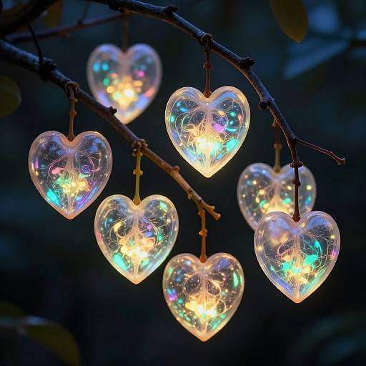 Photograph of six heart-shaped, translucent light bulbs with colorful reflections, hanging from a dark tree branch against a blurred, nighttime background.