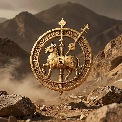 Faravahar Emblem Over Rugged Mountains