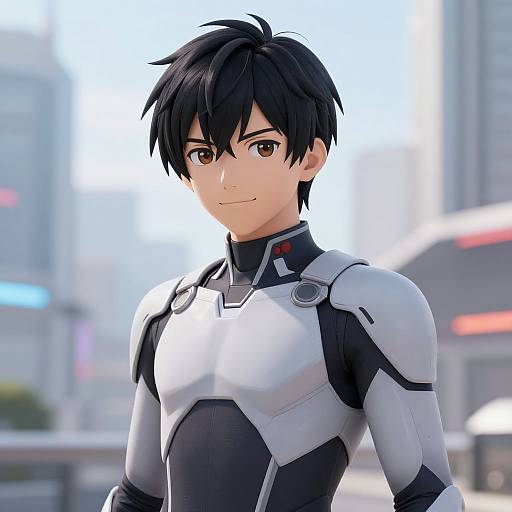 Anime-style digital drawing of a young man with black hair and brown eyes, wearing a white and black futuristic bodysuit, standing in a bright,