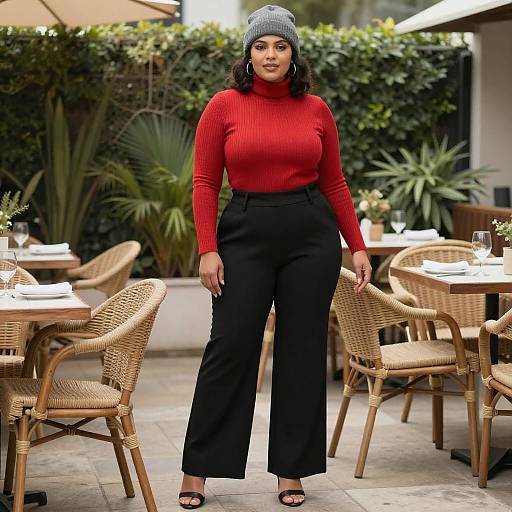 Curvy Woman in Red Turtleneck and Beanie at Outdoor Cafe