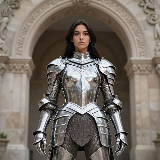 Photorealistic image of a dark-haired woman in shiny silver medieval armor standing in front of an ornate stone archway.