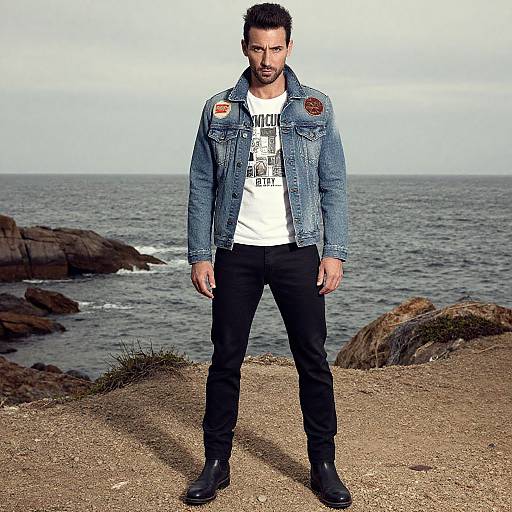Photograph of a bearded man with dark hair, wearing a denim jacket, white t-shirt, black pants, and boots, standing on a rocky