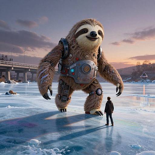 Futuristic Sloth Robot Crossing Lake