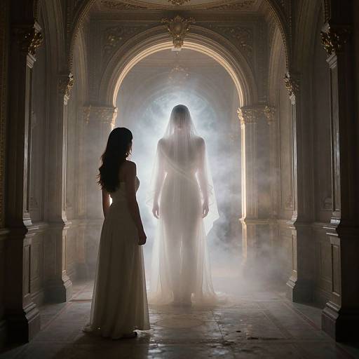 Digital art: Silhouetted woman with long hair in a white gown stands in a dark, ornate hallway, facing a glowing, ethereal