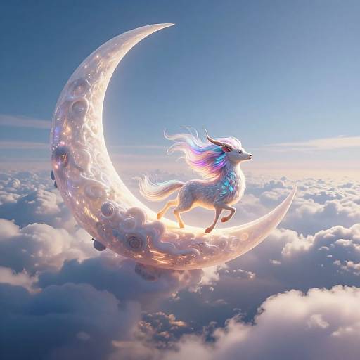 Digital artwork of a glowing, ethereal white wolf with flowing purple and blue hair standing on a radiant, crescent moon above a sea of fluffy clouds