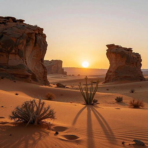 Photograph of a desert sunset with the sun setting behind rocky mesas, casting long shadows of cacti and shrubs on orange sand dunes