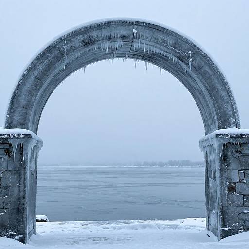 Photograph of a frosty, ice-covered stone archway framing a snow-covered, frozen lake with a misty, white winter sky in the background