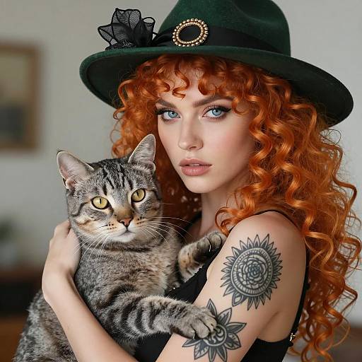 Redhead Woman with Cat and Tattoo