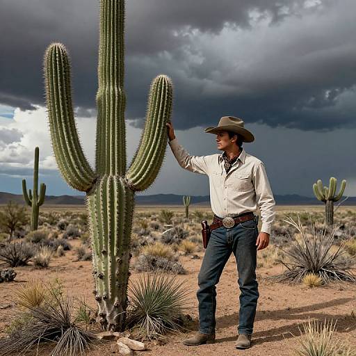 Photograph of a rugged cowboy in a wide-brimmed hat, white shirt, and blue jeans, touching a tall saguaro cactus under
