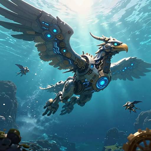Digital art of a futuristic, cybernetic griffin with glowing blue lights soaring underwater, surrounded by smaller flying robotic creatures. Sunlight filters through the