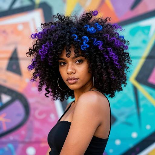 Photograph of a young Black woman with vibrant purple and black curly hair, wearing a black tank top, against a colorful graffiti background. She wears large