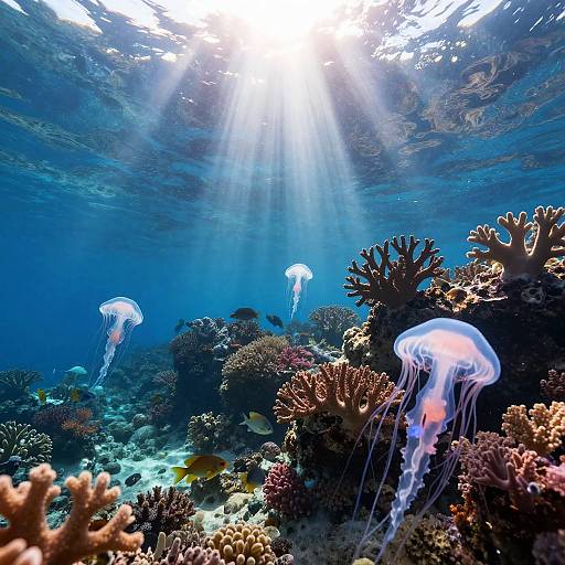 Photograph of an underwater coral reef with three glowing jellyfish, sunlight filtering through the water, vibrant corals, and diverse marine life.