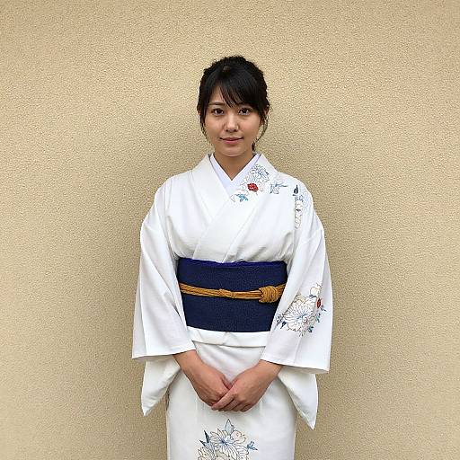 Photograph of a young Asian woman with black hair in a white kimono with blue floral patterns and a dark blue obi, standing against a beige