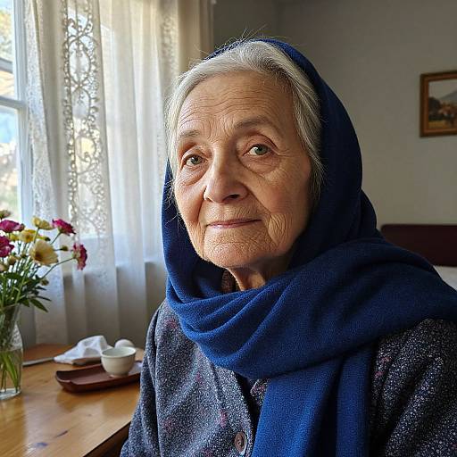Photograph of an elderly woman with wrinkled skin, white hair, and a blue headscarf, sitting indoors by a sunlit window.