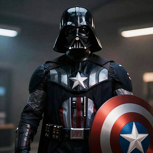 Photograph of a dark, glossy Darth Vader-like figure in a Captain America-inspired suit, holding a shield with a red, white, and blue star