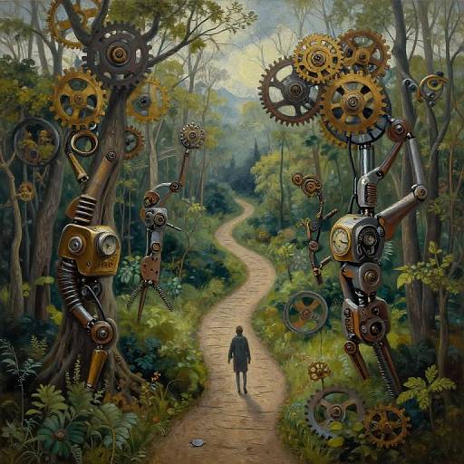 Fantasy digital art: Steampunk forest path with gears and clockwork figures, a lone figure in a coat walking, surrounded by tall trees and