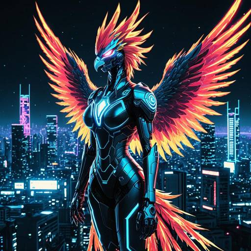 Cybernetic Phoenix with Neon Futuristic Cityscape
