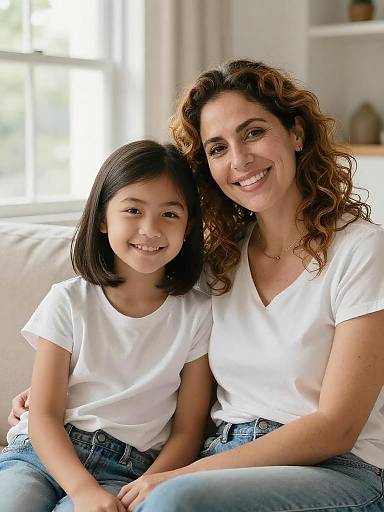 Smiling Mother and Daughter Sitting Together