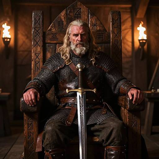 Photograph of a bearded, grey-haired man with long hair, wearing a black, studded medieval robe and sitting on a wooden, rune-car