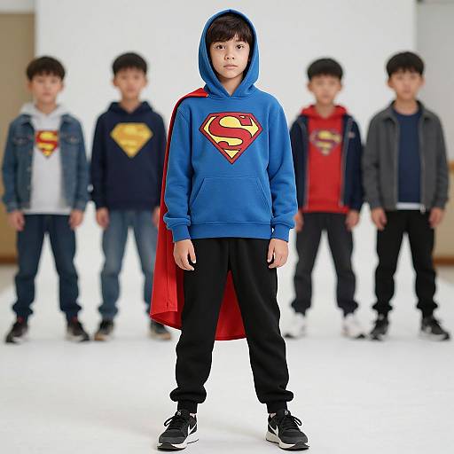 Photograph of a young Asian boy in a blue Superman hoodie and red cape, standing centered in front of five blurred boys in superhero-themed clothing.