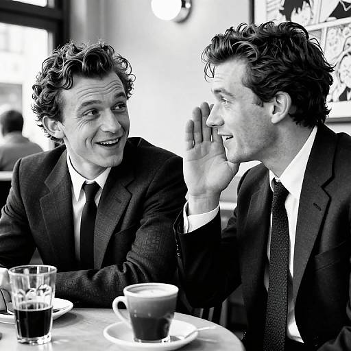 Black-and-white photograph of two smiling men in suits, seated at a café table with drinks and cups, engaged in conversation.