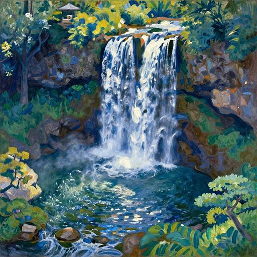 Vibrant, colorful digital painting of a cascading waterfall in a lush forest, with bright yellow flowers, green foliage, and rocks in the foreground
