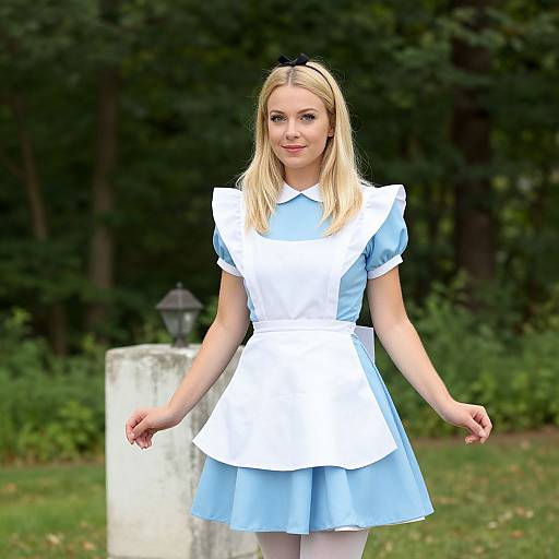 Photograph of a blonde woman in a blue and white Alice in Wonderland-style dress, standing outdoors with a green forest background.