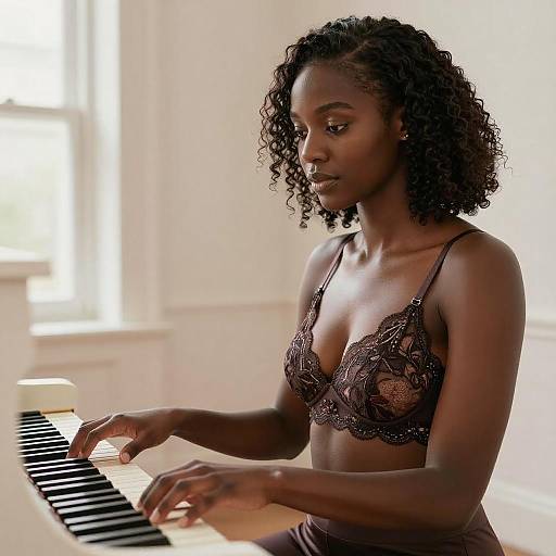 Photograph of a beautiful, dark-skinned woman with curly hair playing a piano in a sunlit room, wearing a lacy, dark brown bra