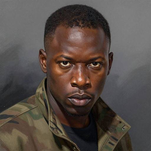 Photorealistic portrait of a serious-looking Black man with short hair, wearing a camouflage jacket, against a dark gray background.
