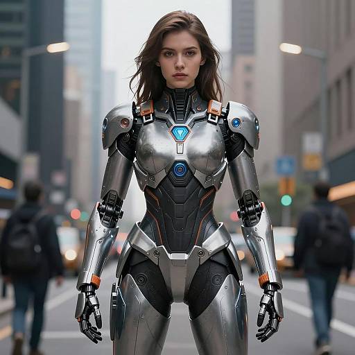 Futuristic Mech Suit in Urban Landscape