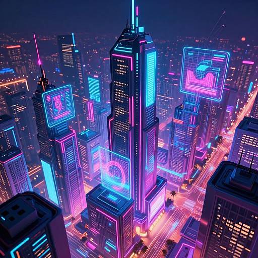 Neon-lit, cyberpunk-style aerial photograph of a futuristic cityscape with glowing skyscrapers, neon signs, and vibrant blue, pink,