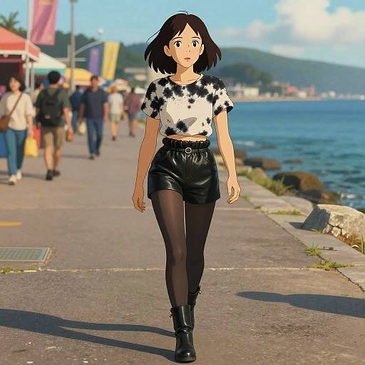 Anime-style digital drawing of a young woman with short black hair, wearing a black-and-white star pattern top, black leather shorts, and black boots,
