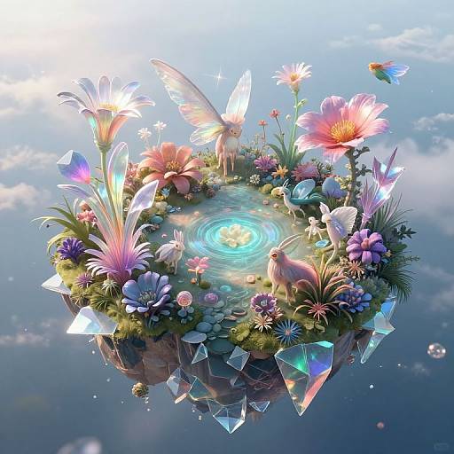 Digital artwork of a floating, crystal-encrusted floral island with glowing blue center, surrounded by colorful flowers, butterflies, and birds.