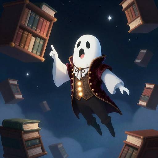 Whimsical Ghostly Librarian in Floating Library