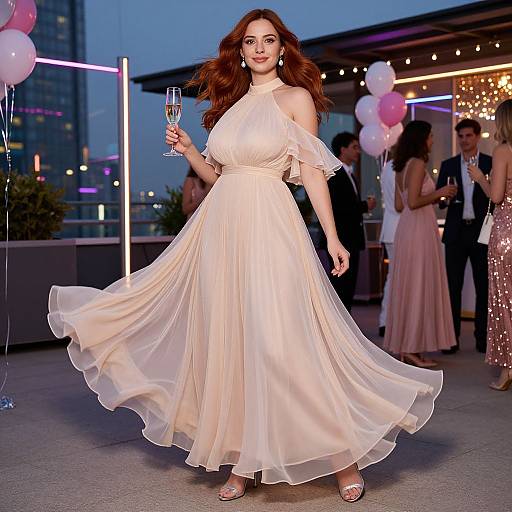Photograph of a smiling, red-haired woman in a flowing, off-shoulder, ivory gown holding a champagne flute at an evening event, surrounded