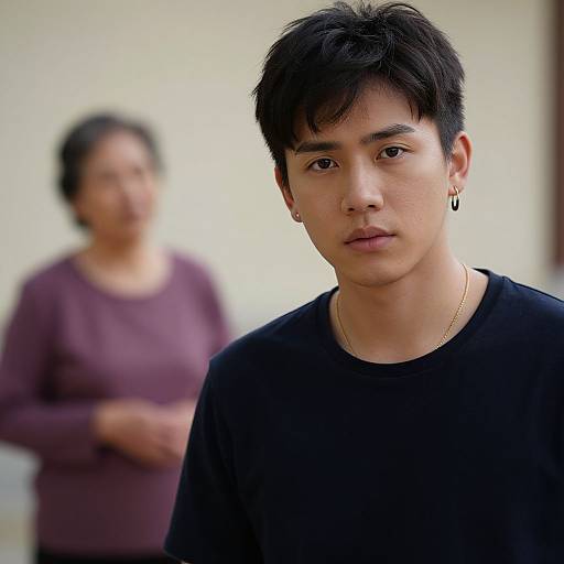 Photograph of an Asian man with short black hair, wearing a black shirt and gold necklace, standing in focus, with a blurred woman in a purple