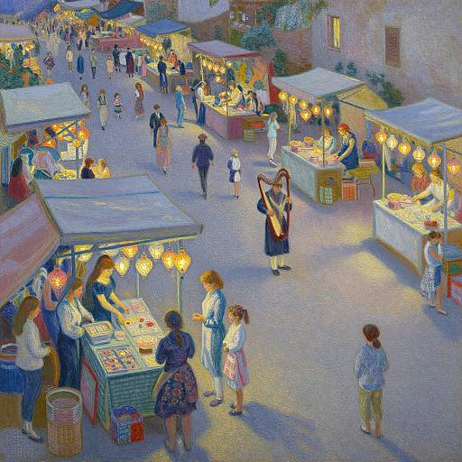 Impressionist-style digital painting of a bustling evening market with colorful stalls, glowing lanterns, and people of various ages shopping.