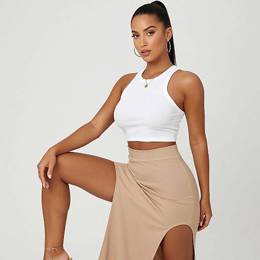 Photograph of a confident, dark-skinned woman with a high ponytail, wearing a white crop top, beige skirt with a side slit, gold