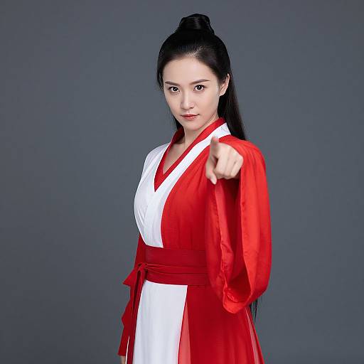 Asian woman with long black hair in red and white martial arts robe, pointing forward confidently against a gray background.