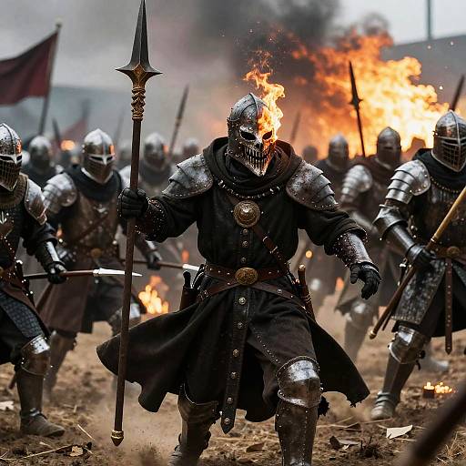 Photograph of armored knights in medieval battle, forefront knight's helmet ablaze, holding spear, surrounded by fellow knights and raging fire.