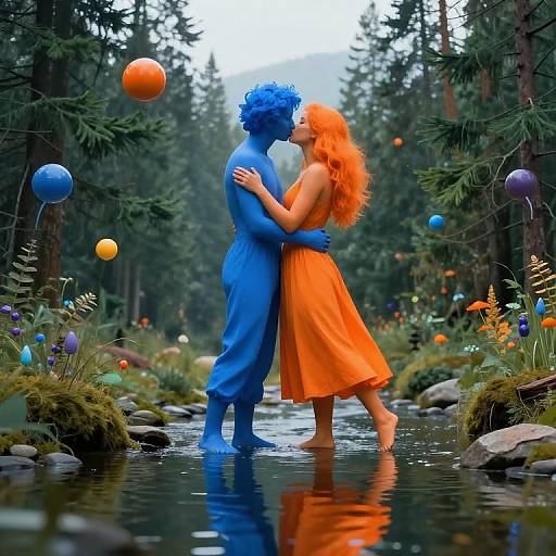 Digital art of a blue man and orange woman kissing in a forest stream, surrounded by colorful floating orbs, wearing flowing dresses.