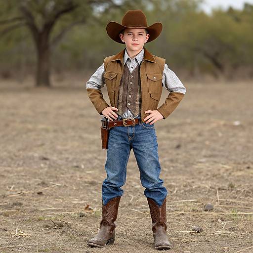 Photograph of a young boy in cowboy attire: brown hat, vest, blue jeans, brown boots, standing confidently in a dry, grassy field