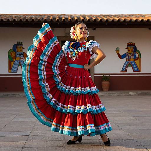 Photograph of a Latina woman in a vibrant red and blue traditional Mexican dress, performing a fan dance, with colorful mural background.