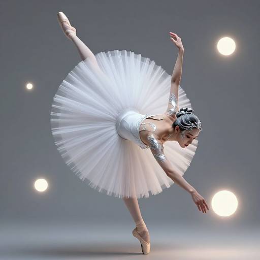 Photograph of a graceful ballet dancer in a white tutu, pointe shoes, and intricate arm tattoos, performing an elegant arabesque against a