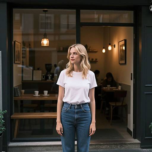 Photograph of a blonde woman with wavy hair, wearing a white t-shirt and blue jeans, standing in front of a warmly lit, modern café