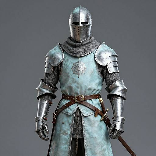 CGI image of a medieval knight in full silver armor, including helmet with visor, blue-green chainmail tunic, and leather belt, standing