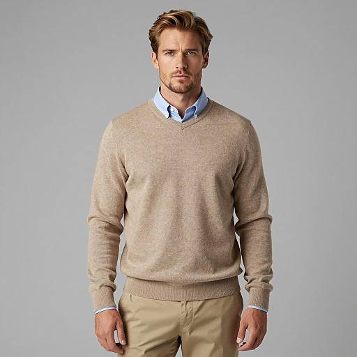 Man in Beige Sweater and Blue Shirt